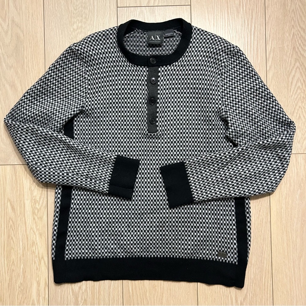 A|X Armani Exchange Mens Black White Checkered Henley Pullover Sweater Knit M